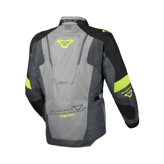 motorcycle jacket macna notch waterproof stretch rain shell insulated LED light prepared air vents ventilation epg gray black neon touring adventure adv back