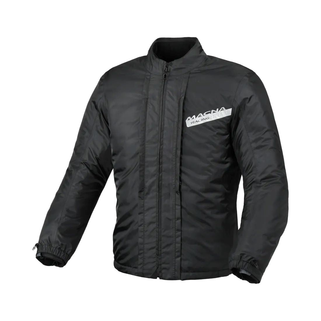 motorcycle jacket macna notch waterproof stretch rain shell insulated LED light prepared air vents ventilation epg black touring adventure adv front