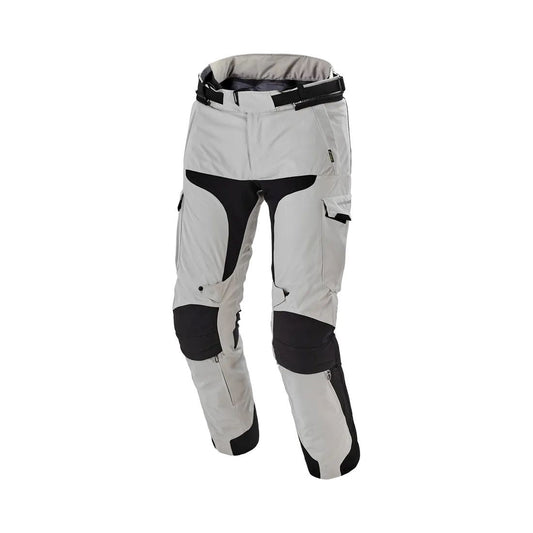 motorcycle pants macna novado waterproof raintex mesh detachable thermo reflective air panels heat shield white gray black touring adventure adv front