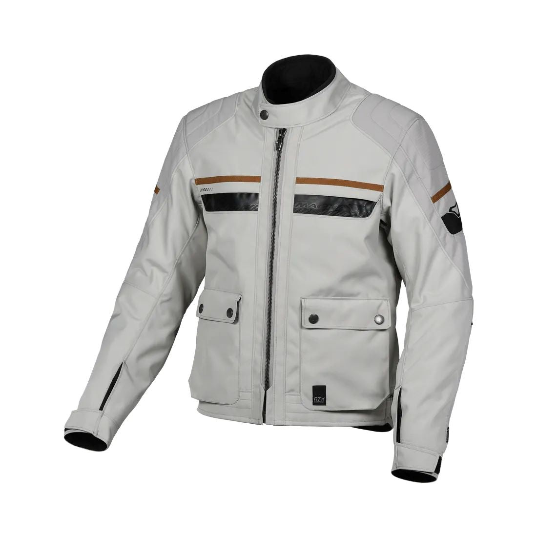 motorcycle jacket macna oryon raintex mesh laminated detachable thermos RISC reflection air vents ventilation light gray touring adventure adv front