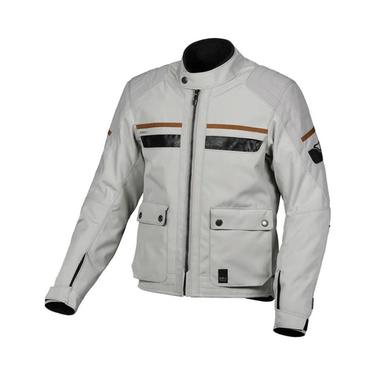 motorcycle jacket macna oryon raintex mesh laminated detachable thermos RISC reflection air vents ventilation light gray touring adventure adv front