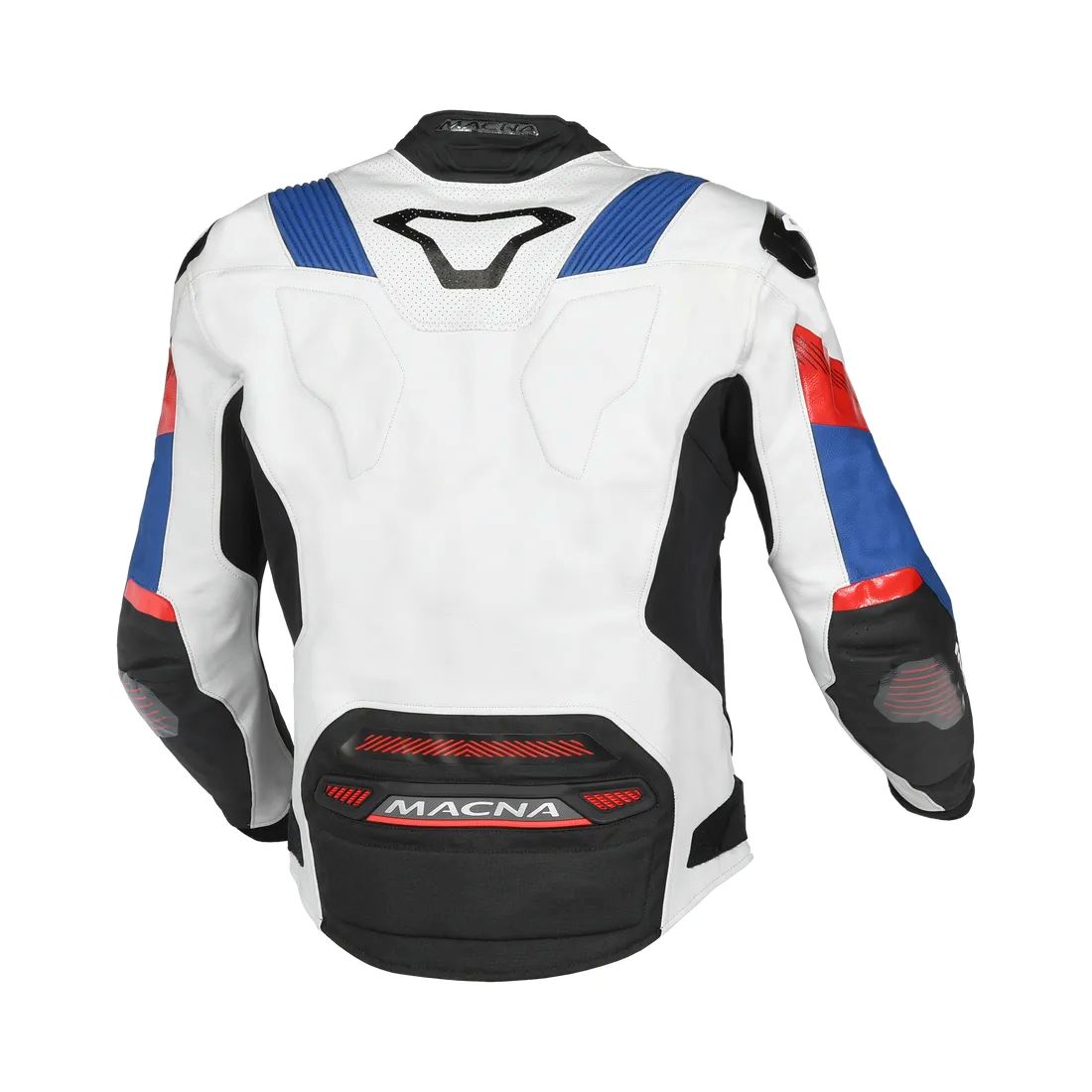 motorcycle jacket macna pointer ventilation vents perforated leather summer risc cow leather black white blue red touring adventure adv back