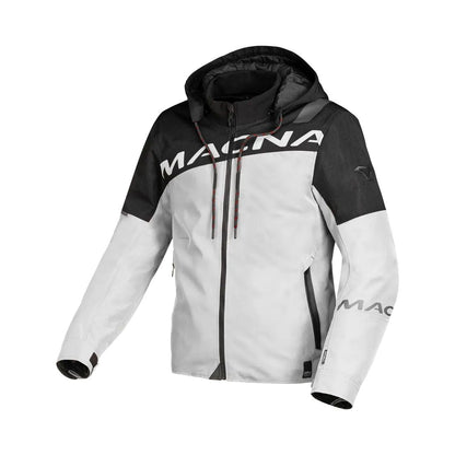 motorcycle jacket macna racoon waterproof air scoop raintex mesh laminated thermos risc r.is.c. reflection vents ventilation detachable hood light gray black touring adventure adv front