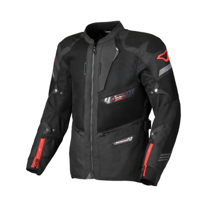 motorcycle jacket macna waterproof twinshell twin shell vents ventilation raintex laminated vision tech led light epg black touring adventure adv core front
