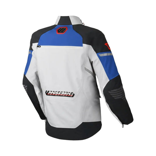 motorcycle jacket macna waterproof twinshell twin shell vents ventilation raintex laminated vision tech led light epg light gray black blue touring adventure adv back