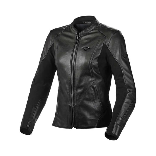motorcycle jacket macna tequilla womens stretch panels summer risc cow leather black touring adventure adv front