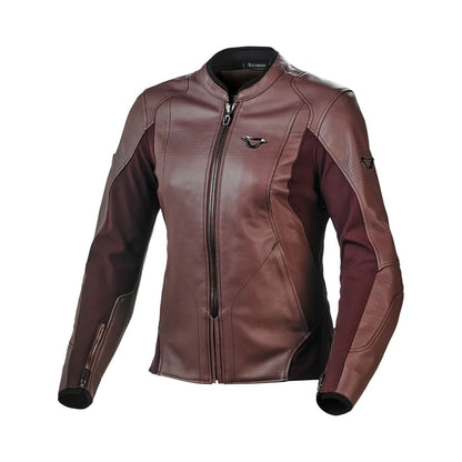 motorcycle jacket macna tequilla womens stretch panels summer risc cow leather red mulberry touring adventure adv front