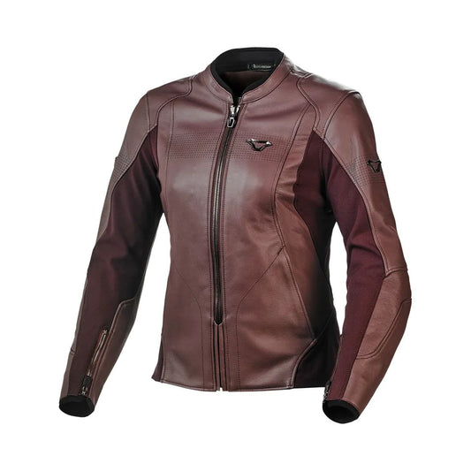 motorcycle jacket macna tequilla womens stretch panels summer risc cow leather red mulberry touring adventure adv front
