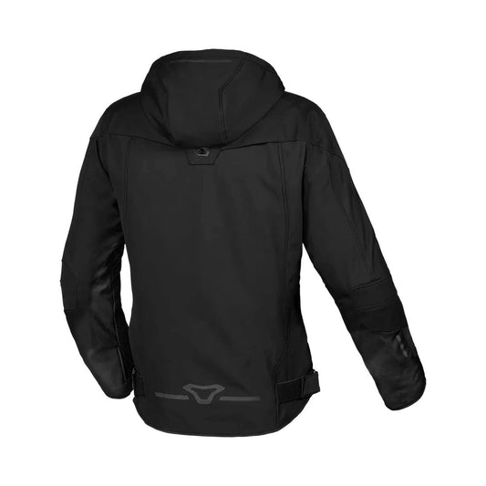 motorcycle jacket macna territory womens waterproof softshell mesh raintex membrane thermos detachable vents ventilation air panels hoodie black touring adventure adv back