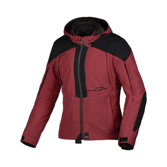 motorcycle jacket macna territory womens waterproof softshell mesh raintex membrane thermos detachable vents ventilation air panels hoodie red black touring adventure adv front
