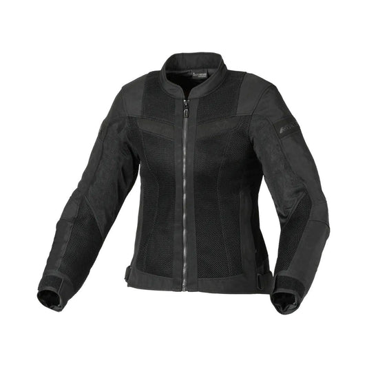 motorcycle jacket macna velotura womens vents ventilation ventilated 3d mesh risc reflection ce protection black touring adventure adv front