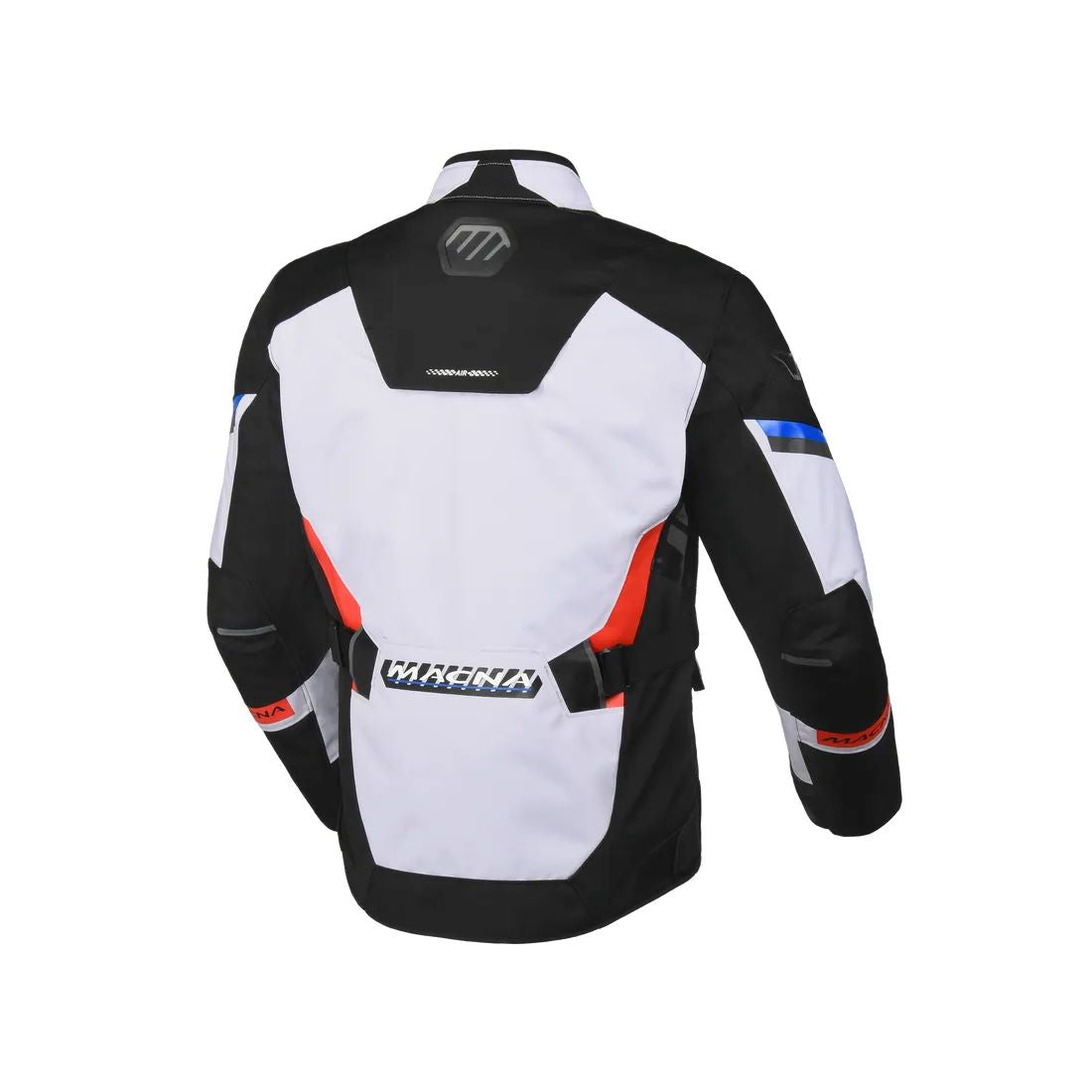 motorcycle jacket macna zatra air panels vents ventilation raintex mesh laminated vision tech prepared led light night eye nighteye retro reflective tech epg air scoop black gray blue red touring adventure adv back