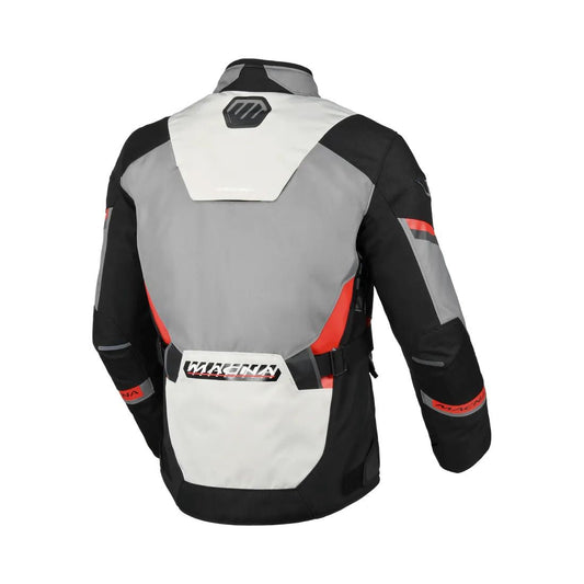 motorcycle jacket macna zatra air panels vents ventilation raintex mesh laminated vision tech prepared led light night eye nighteye retro reflective tech epg air scoop black gray red touring adventure adv back