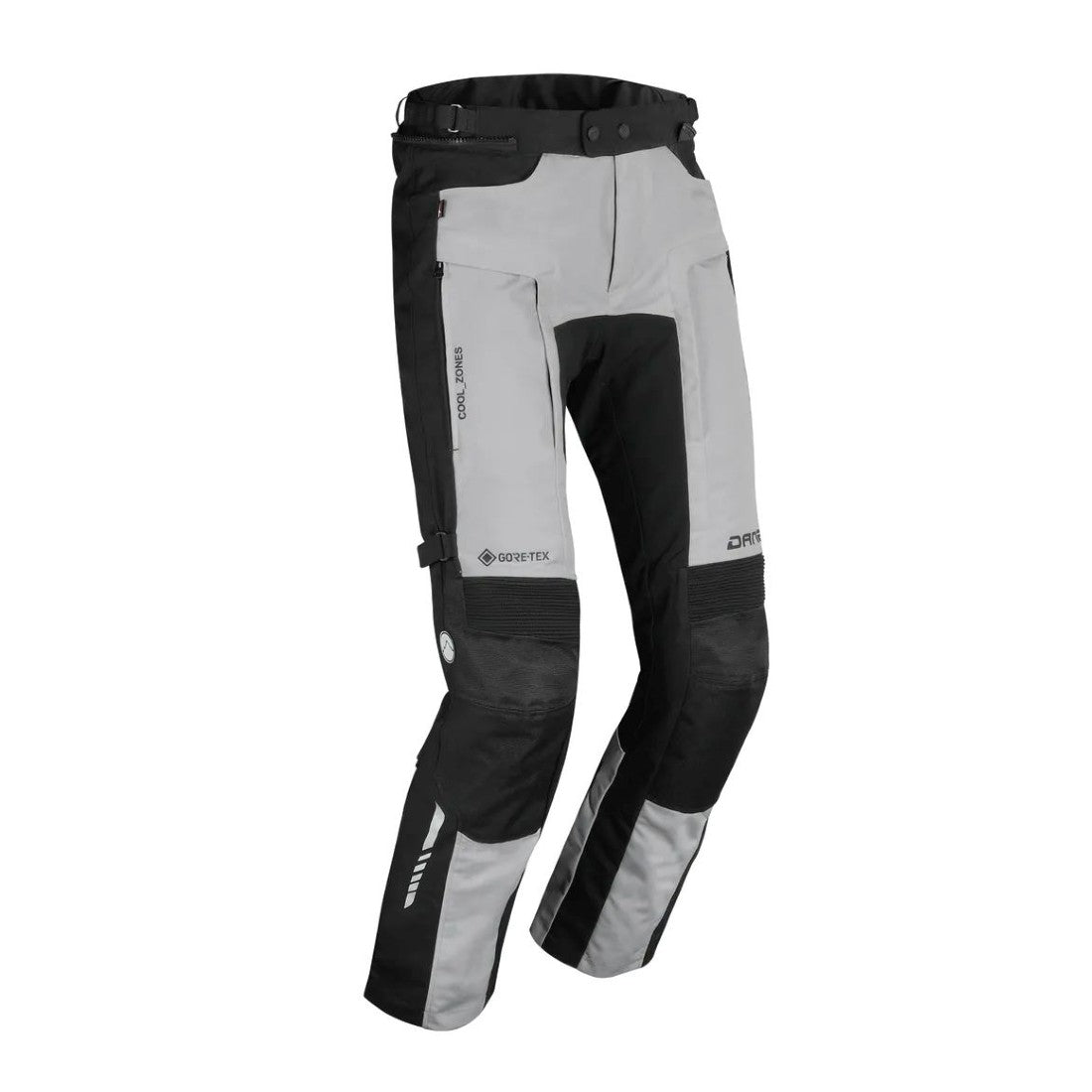 motorcycle pants dane dalvik goretex inner pants braces prepared knee protectors reflective grip patches riding silver gray black alpine touring adventure adv front